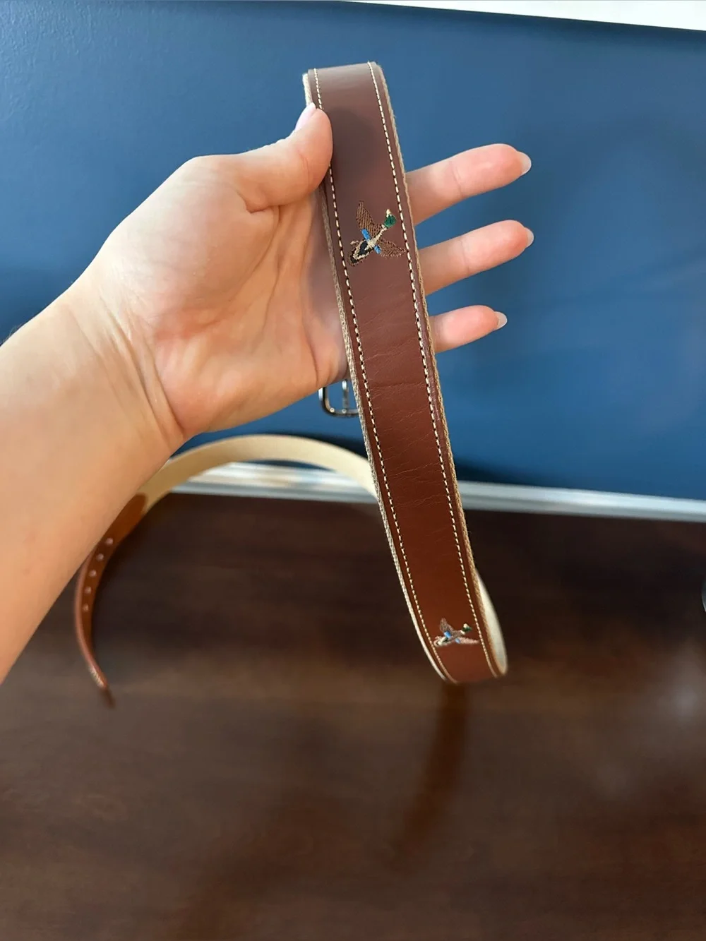 Leather Man Ltd. Embroidered Mallard Duck Leather & Canvas Belt
